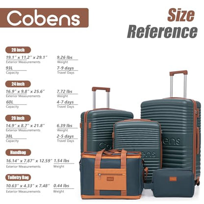 Cobens Luggage Sets 5 Piece,Suitcases with Wheels,20"/24"/28",DarkGreen - color: DarkGreen, size: 5 Piece Sets (20/24/28/DB/TB)