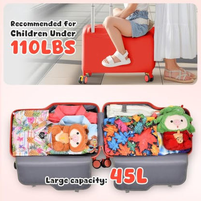 20in Rideable Suitcase with Wheels, Kids Suitcase Travel Carrier Cabin Case - color: Cuckoo red