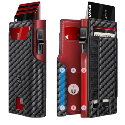 RUNBOX Wallet for Men 9-13 Cards RFID Blocking Slim Pop-Up Card Holder - color: Black+RED