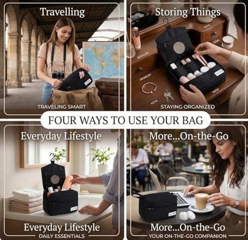 Travel Toiletry Bag for Men & Women Waterproof Hanging Organizer with Multiple Compartments Large Toiletry Bag with Refillable Travel Bottles Makeup Bag for Travel & Bathroom Essentials
