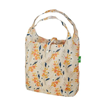 ECO CHIC Foldable Reusable Grocery Bags - Lightweight, Recycled & Reusable Shopping Bag - Waterproof Packable Tote - color: Flowers Beige