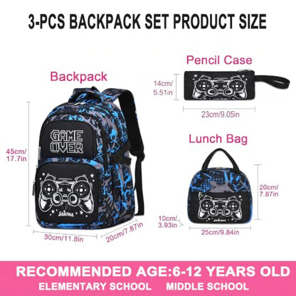 Boys Backpack Set 3PCS Ages 6-12, Kids School Backpack - color: Gamer Black Blue