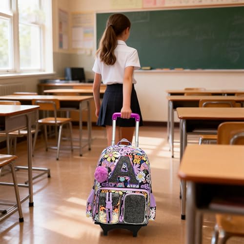 Meetbelify 3 in 1 Backpack with Wheels for Girls Rolling Letter Backpack Cute Carry on Backpack Kids Luggage with Lunch Box Pencil Case for Elementary Student - color: Black Flower