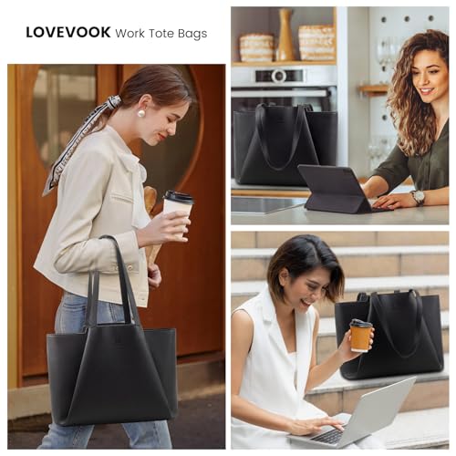 LOVEVOOK 여성용 노트북 토트 - 클러치가 있는 15.6인치 인조 가죽 노트북 가방, 대용량 사무실 지갑 컴퓨터 - color: 블랙., size: 15.6인치