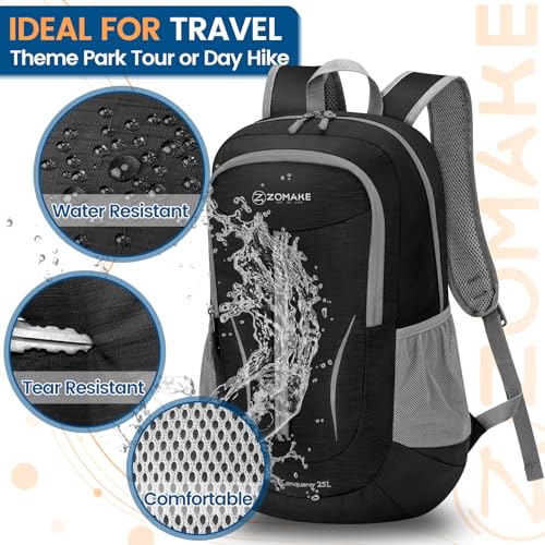 ZOMAKE Lightweight Packable Backpack 25L, Foldable Hiking Daypack - color: Black B
