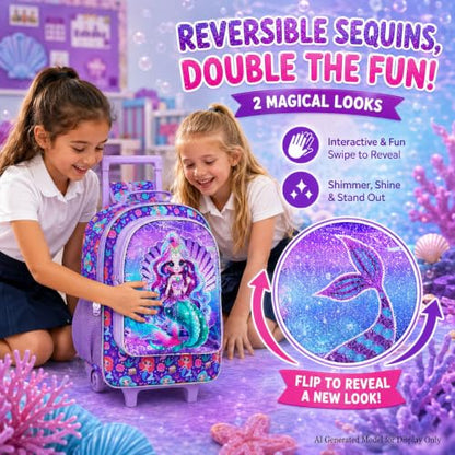 gxtvo Kids Rolling Backpack, Roller Wheels Boys Bookbag, Wheeled Suitcase Elementary School Bag-3PCS Dinosaur/Unicorn/Mermaid - color: Sequins Mermaid Rolling Backpack Purple