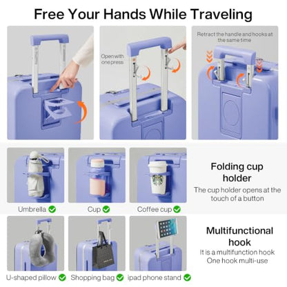 mixi Large Checked Luggage with Cup Phone Holder and Charger Hard Shell Suitcases with Spinner Wheels, 24 Inch Lilac Purple - color: Lilac purple, size: 24-inch