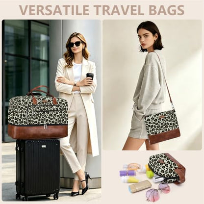 Large Women Travel Weekender Bag: Carry on Duffle with Shoe Compartment - color: Brown Leopard Print