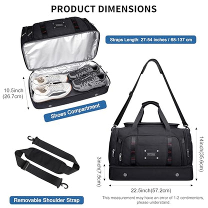 WITZMAN Travel Duffle Bag for Men 55L Nylon Weekender with Shoe Compartment - color: Black