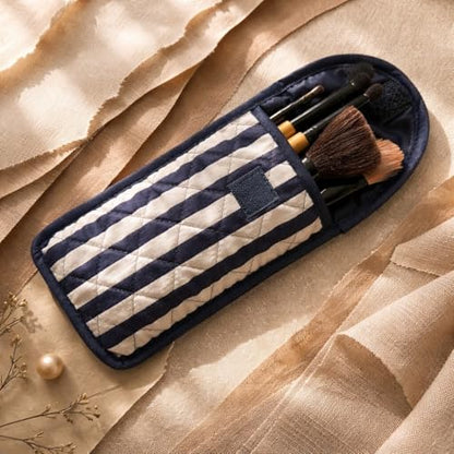 Soft Eyeglass Pouch – Quilted Glasses Case and Multi Functional Travel Organizer - color: Dark Blue + White Stripes - Cotton