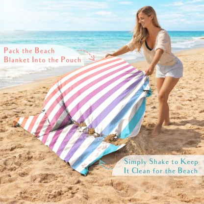 AlphaBeing Beach Blanket Waterproof Sandproof, Extra Large Beach Mat - color: Purple Stripes, size: 120“×108”