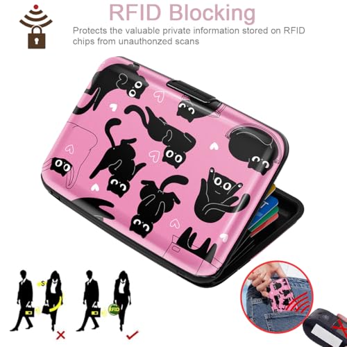 Coco Rossi Credit Card Holder RFID Aluminum Small Mini Wallet Women - color: Pink Black Cats