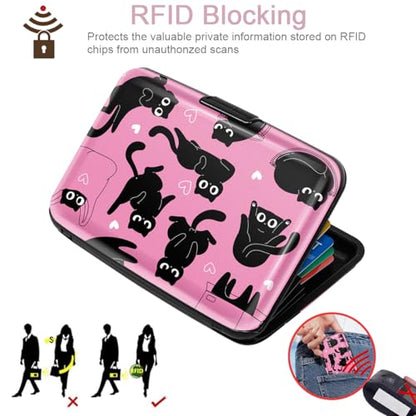 Coco Rossi Credit Card Holder RFID Aluminum Small Mini Wallet Women - color: Pink Black Cats