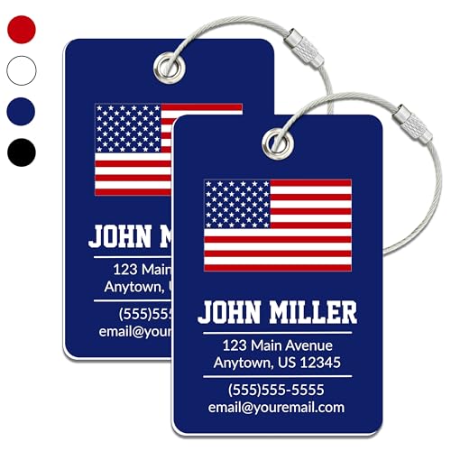 Personalized Luggage Tag with American Flag | 2 Pack | Custom Luggage Tags for Suitcases | Kids Backpack Tag | 4 Color Options & Choose Font, Font Color - color: Dark Blue, size: 2 pack - Large