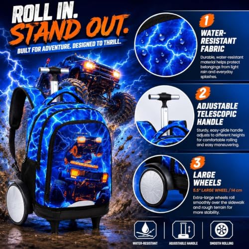 3Pcs Large Rolling Backpack for Boys, 20 Inch Detachable Wheeled Bookbag with Lunch Box, Durable Lightning Truck Roller Backpack for Elementary Middle School (Blue) - color: Large Wheels Truck Blue