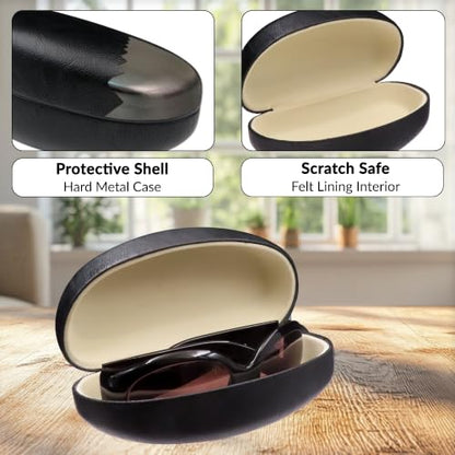 MyEyeglassCase® Large Hard Sunglasses Case | fits Large curved Sunglasses, with microfiber bag and cleaning cloth - color: Smooth Black