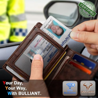 BULLIANT Slim Leather Wallet For Men 12Cards Magnetic Closure RFID Blocking - color: Forest Brown8784