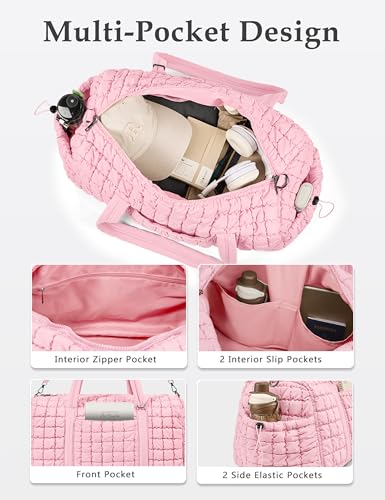 Quilted Travel Duffle Bag Puffer Weekender Bag Overnight Bag Duffel Gym Bag - color: Light Pink