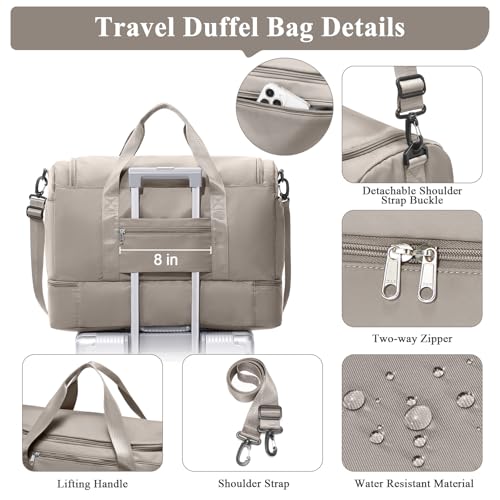 Extra Large Travel Duffle Bag, Carry-On Weekender Bags for Women Travel - color: Camel with Grid Toiletry Bag, size: Extra Large