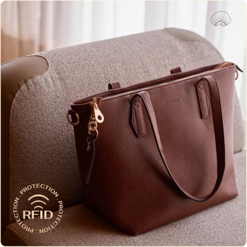 Women’s 16” Laptop Tote Bag, Vegan Leather Work Bag with Cupholder, RFID & Anti-Pickpocket Trolley Sleeve - color: Dark Brown