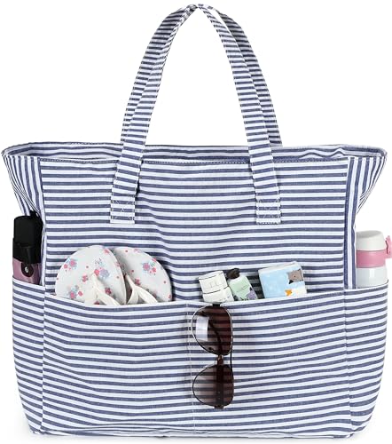 LEDAOU Large Beach Bag for Women, Waterproof Sandproof Tote Bag with Zipper - color: Navy Blue