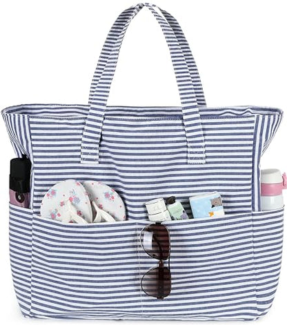 LEDAOU Large Beach Bag for Women, Waterproof Sandproof Tote Bag with Zipper - color: Navy Blue