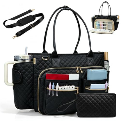 SIYNPAV Teacher Tote Bag with 15.6 in Laptop Compartment& Cup Holder Black - color: Stylish Black