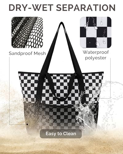 HOMESPON Beach Bag Large Waterproof Sandproof Tote for Women with Zipper and Mesh Pockets - color: Black Grid, size: Medium