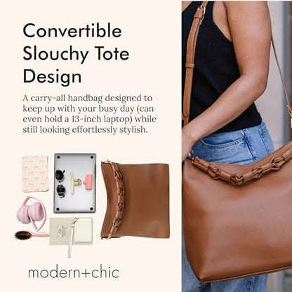 Modern+Chic Sawyer Convertible Slouchy Tote or Crossbody Shoulder Bag, Slouchy Purses for Women, Removeable Adjustable Strap - color: Saddle