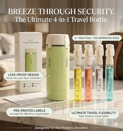 4-in-1 Travel Dispenser Bottle Set, 4 Pack 30ml Leakproof Refillable - color: Green