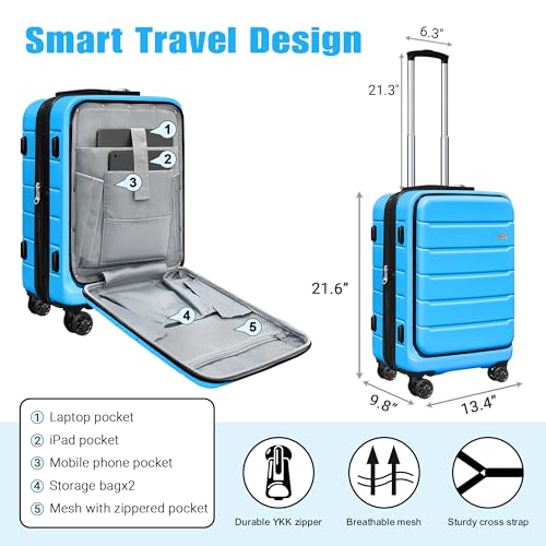 KEYTANG SmileLine 20 inch Carry-On, Lightweight Hardside Suitcase, Expandable Small Suitcase with Front Pocket, Blue - color: Blue, size: 666-Carry-on