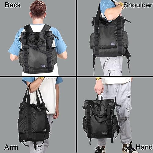 Unisex Laptop Tote Backpack Convertible Lightweight Nylon Water-Resistant Everyday Shoulder Tote bag Backpack with Water Bottle Pocket Work Travel, All Black - color: Black Nylon