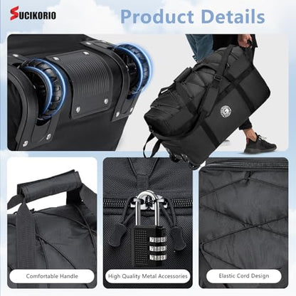 Foldable Travel Duffle Bag with Wheels and Handle Large 100L XL Rolling Travelling Duffel Bags Waterproof Oxford Carry On Hand Luggage Deployment Bag With Storage Bag & Combination Padlock - color: Black