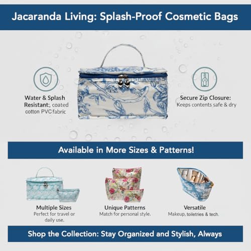 Jacaranda Living Vanity Cosmetic Bag – Train Case with Handle, Water-Resistant PVC Lined Cotton, Travel Organizer, Splash-Proof Summer Cosmetic Bag – Blue Seashells - color: Blue Seashells, size: Large Vanity/Train Case
