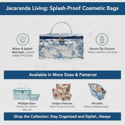Jacaranda Living Vanity Cosmetic Bag – Train Case with Handle, Water-Resistant PVC Lined Cotton, Travel Organizer, Splash-Proof Summer Cosmetic Bag – Blue Seashells - color: Blue Seashells, size: Large Vanity/Train Case