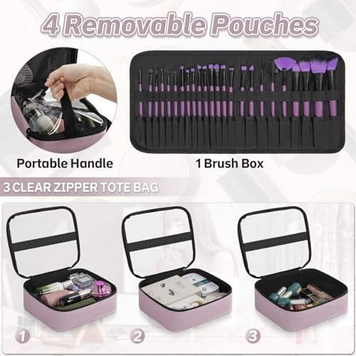 Extra Large Makeup Bag with 3 Removable Pouches and 1 Brush Holder - color: Pink