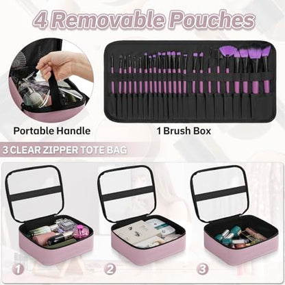 Extra Large Makeup Bag with 3 Removable Pouches and 1 Brush Holder - color: Pink