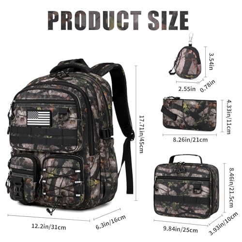 GeeWin Camo Backpack for Boys, 4PCS Boys Backpack with Lunch Box Set - color: Leaf Camo