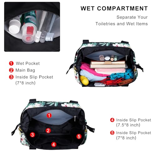 Expandable Duffel Bag for Women with Trolley Sleeve/Wet Pocket Weekender Travel Tote Large Carry On Overnight Luggage - color: Palm Tree