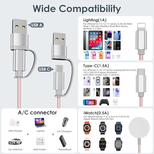 2Pack Travel Essentials,Multi Charging Cable for Apple Watch Charger Pink - color: Pink, size: 2Pack-4FT