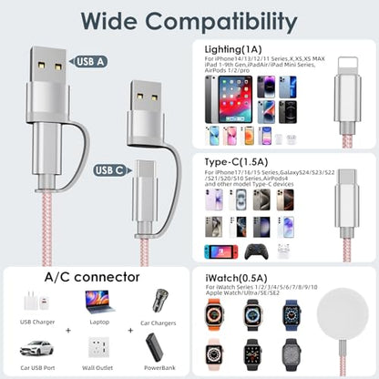 2Pack Travel Essentials,Multi Charging Cable for Apple Watch Charger Pink - color: Pink, size: 2Pack-4FT