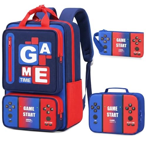 School Backpacks for Boys - 3PCS Gamer Boys Backpack with Lunch Box Set,Multifunctional Bookbag for Kids Teens Elementary Middle High School,17" Bookbag for Travel and Daily Use - color: St-red-blue-backpack Set