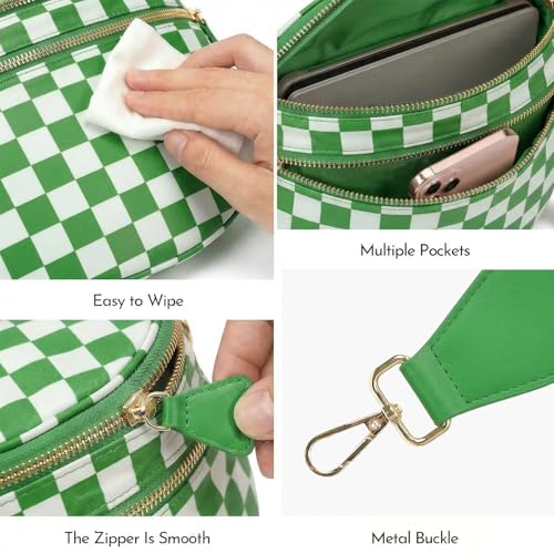 Checkerboard Crossbody Bag for Women, Expandable Plaid Belt Bag Nylon Fanny Pack with Multiple Pockets - color: Kelly Green Checkered