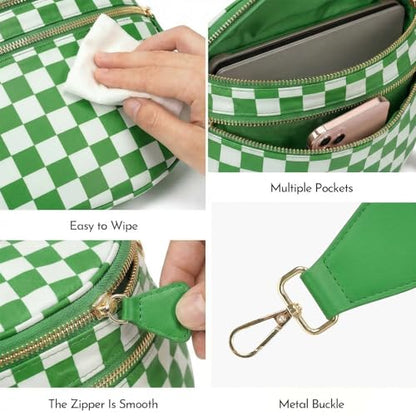 Checkerboard Crossbody Bag for Women, Expandable Plaid Belt Bag Nylon Fanny Pack with Multiple Pockets - color: Kelly Green Checkered