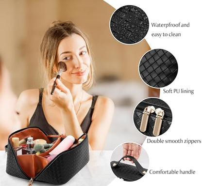 ALEXTINA Travel Makeup Bag, Woven PU Leather Cosmetic Bag, Black - color: black woven, size: Medium