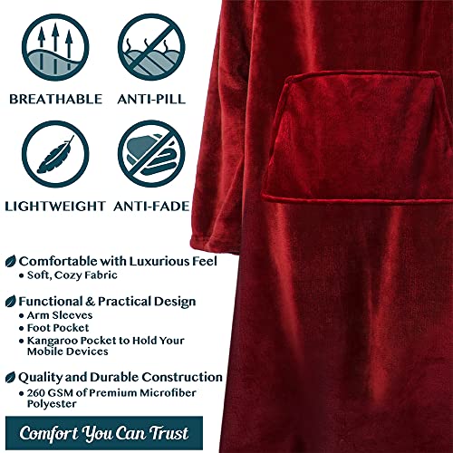 PAVILIA Fleece Blanket with Sleeves, Foot Pockets for Women Men, Dark Red - color: Wine, size: Fleece