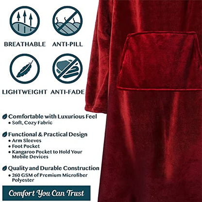 PAVILIA Fleece Blanket with Sleeves, Foot Pockets for Women Men, Dark Red - color: Wine, size: Fleece