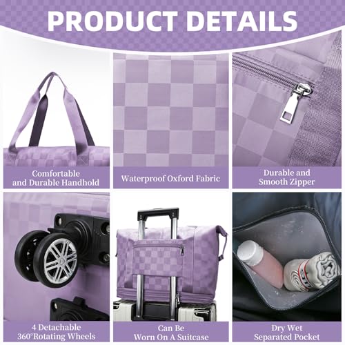 Rolling Duffle Bag with Wheels and Shoe Bag Expandable Foldable Travel Duffel Bag Carry on Luggage Bag Checkerboard Weekender Bag for Men Women - color: Purple+Shoe Bag