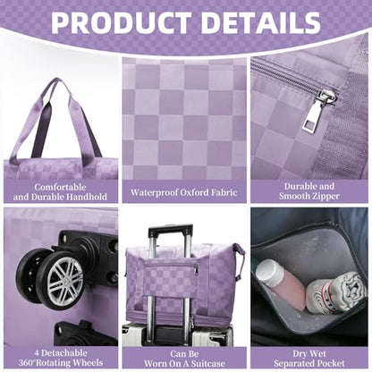 Rolling Duffle Bag with Wheels and Shoe Bag Expandable Foldable Travel Duffel Bag Carry on Luggage Bag Checkerboard Weekender Bag for Men Women - color: Purple+Shoe Bag