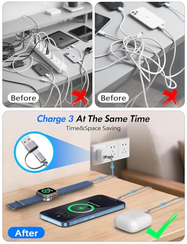 1Pack Travel Essentials for Apple Watch Charger,3-in-2 Multi Charging Cable - color: Gray, size: 1Pack-6 FT